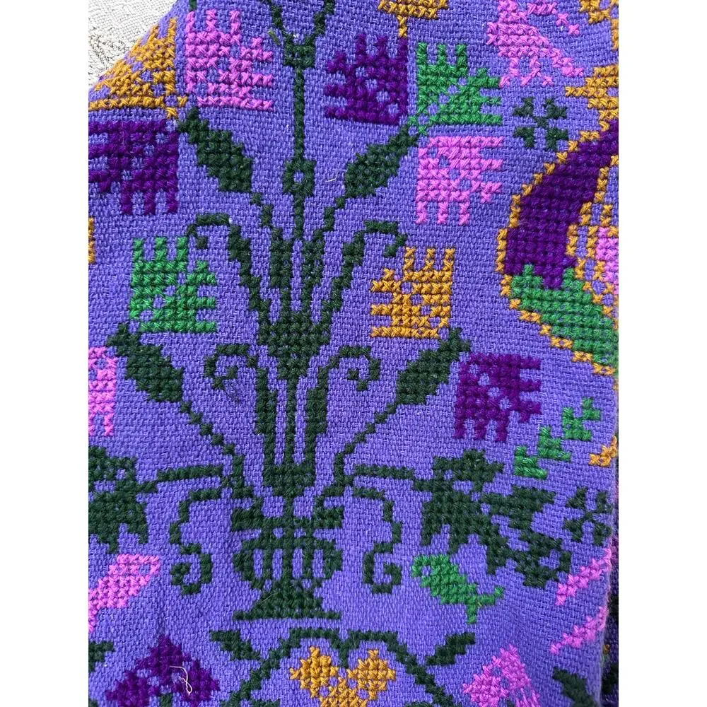 Mexican Mañanita embroidered poncho purple bird floral primitive folk fringed